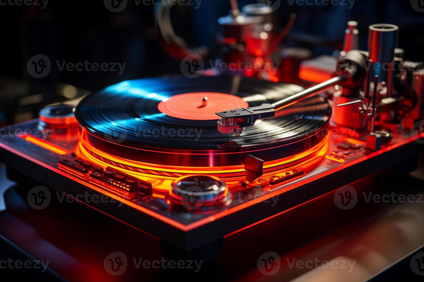 ai generado placa giratoria jugando vinilo con azul y rosado neón luces. 3d ilustración foto