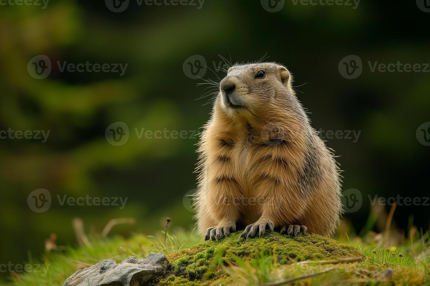 AI generated cute groundhog crawled out of his hole and basks in the sun, groundhog day photo