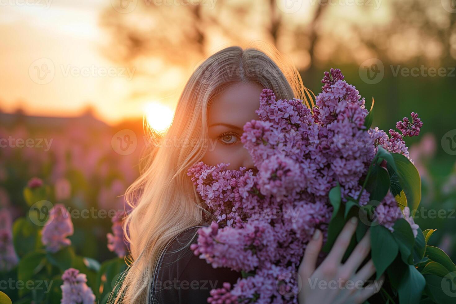 AI generated a young beautiful blonde holds a huge bouquet of lilacs to her face in the park at sunset photo