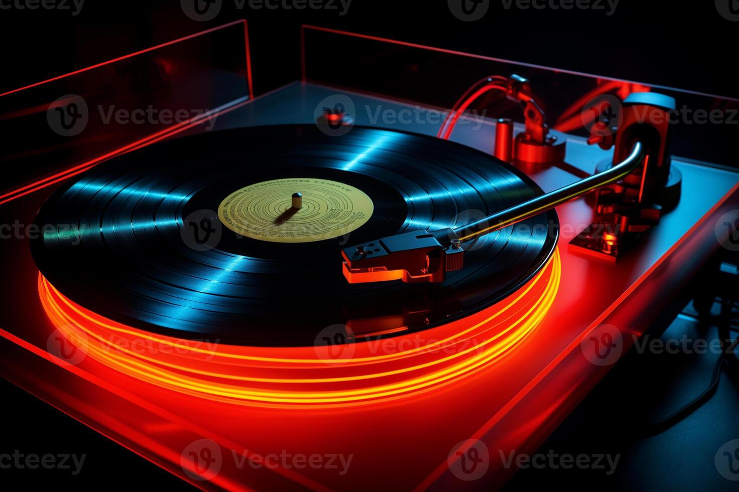 AI generated Turntable with vinyl record in nightclub. Close up view. photo