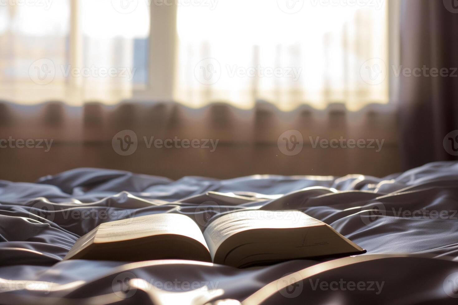 AI generated an open book lies on the bed against the background of the window photo
