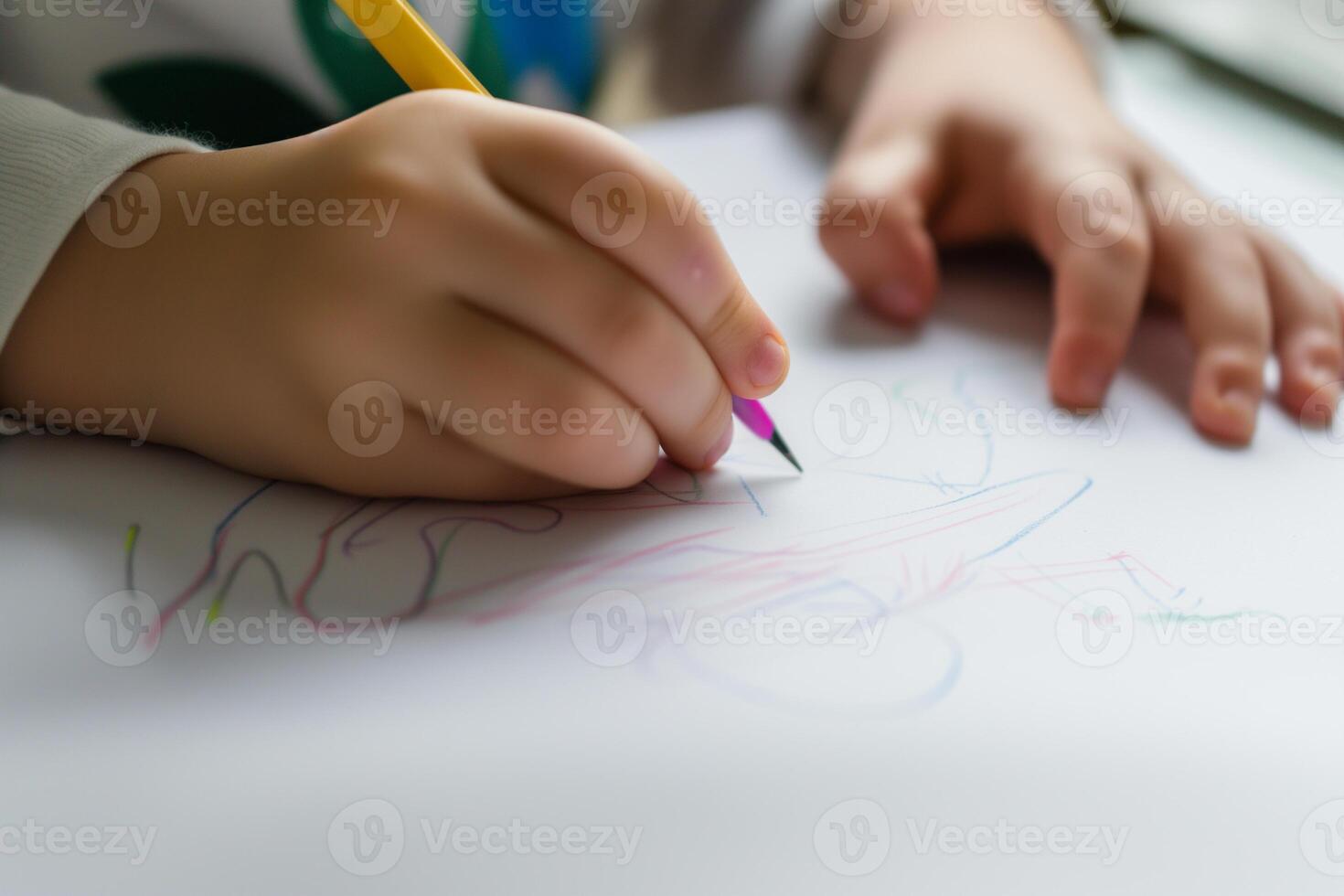 AI generated children's hands draw on a sheet of paper, close-up photo