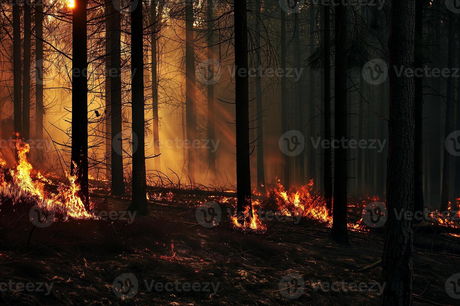 AI generated Forest fire in a pine forest at night. Wildfire in the forest. photo