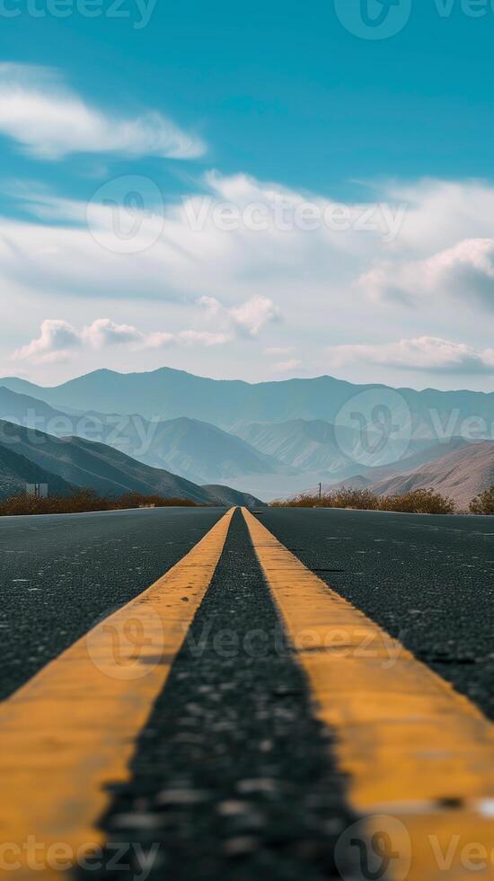 AI generated yellow dividing stripes on the highway stretching into the horizon photo