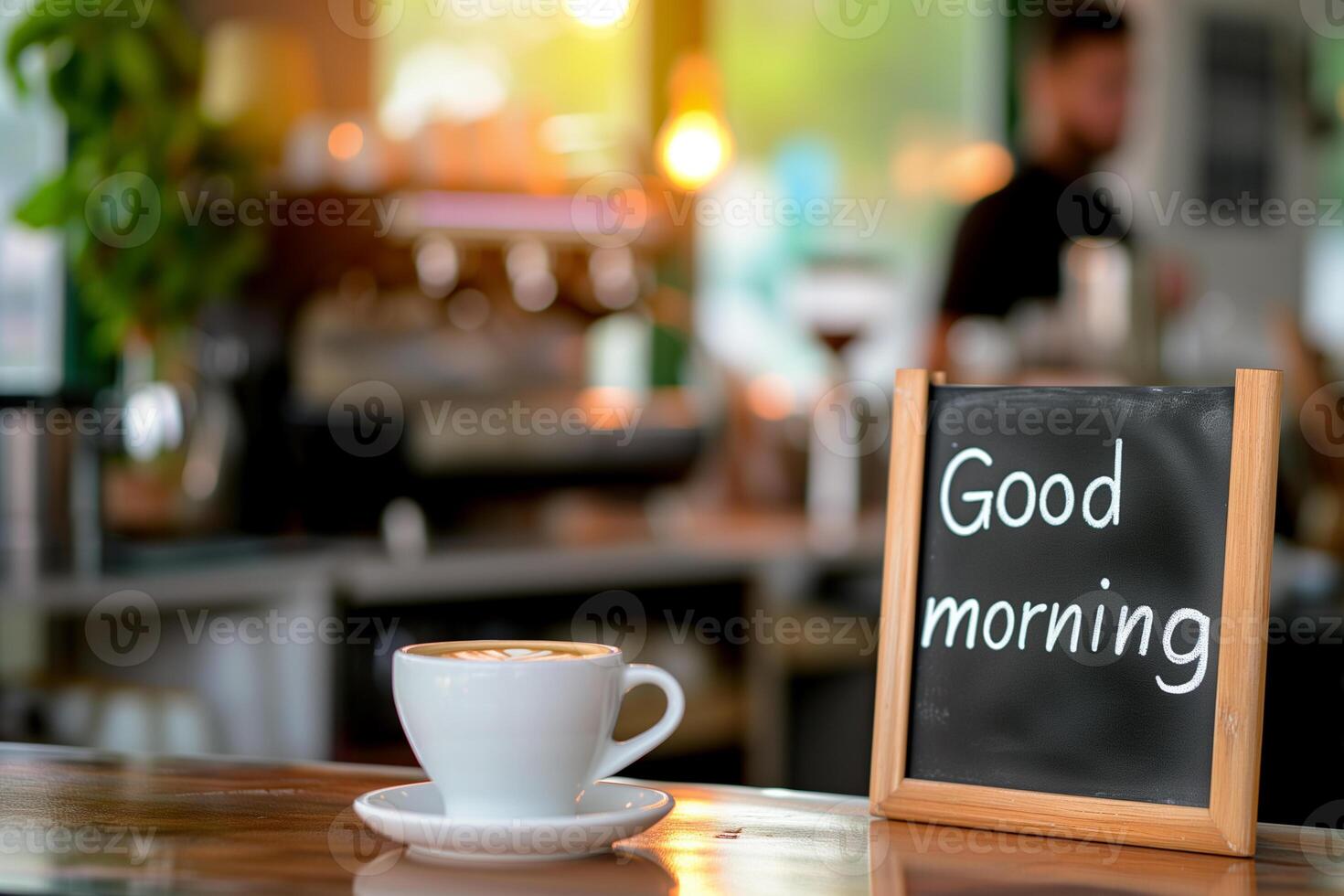 AI generated Coffee cup and chalkboard with good morning text on table in cafe photo