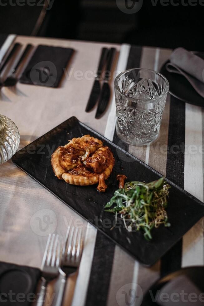 Grilled steak on a plate in a restaurant. Restaurant menu. photo