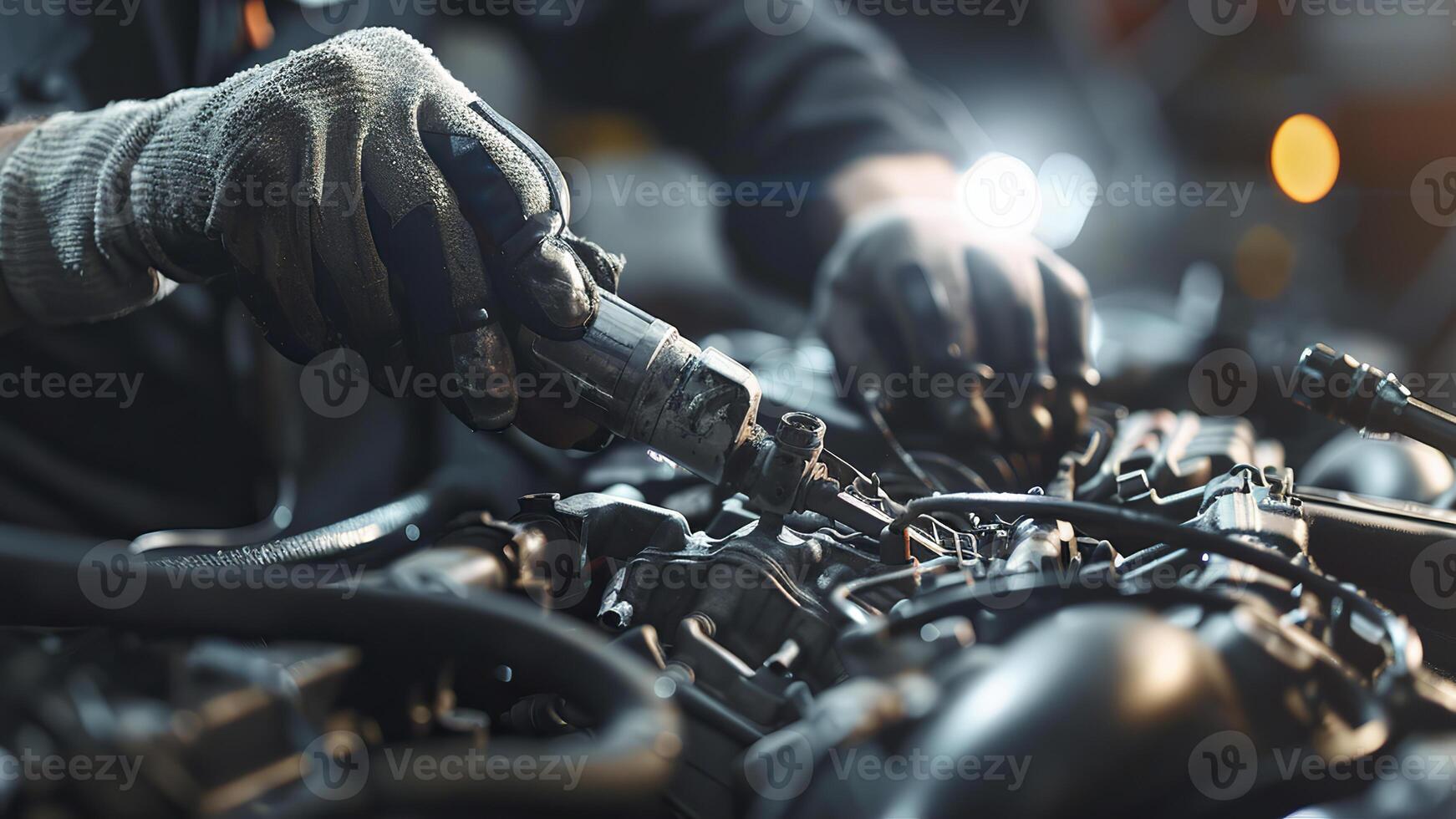 AI generated auto mechanic working in workshop, close up a car mechanic repairing car engine, service worker at the work photo