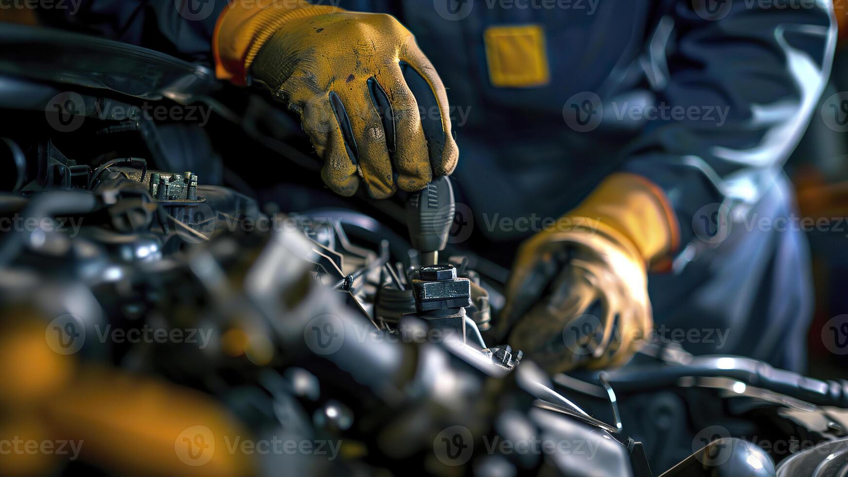 ai generado auto mecánico trabajando en taller, cerca arriba un coche mecánico reparando coche motor, Servicio trabajador a el trabajo foto