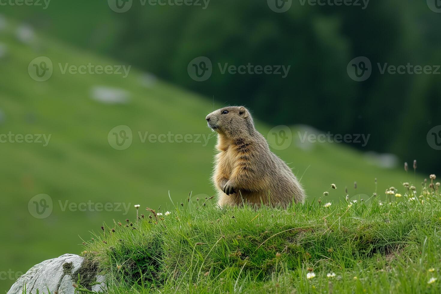 AI generated cute groundhog crawled out of his hole and basks in the sun, groundhog day photo