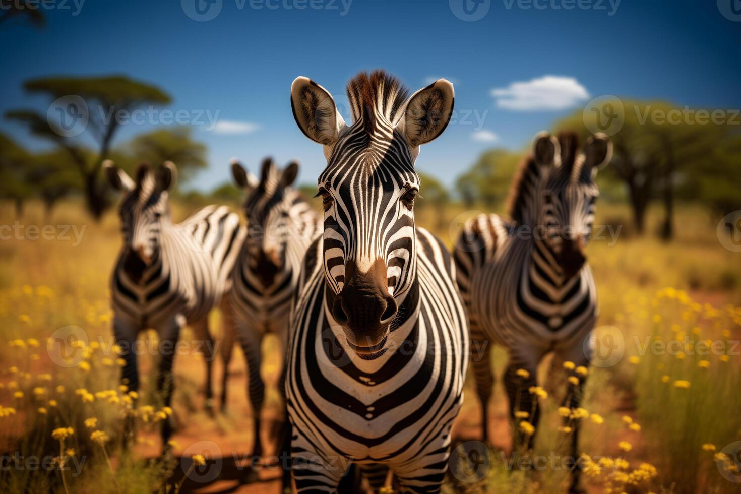 ai generado un grupo de cebras en África en un brillante soleado día foto