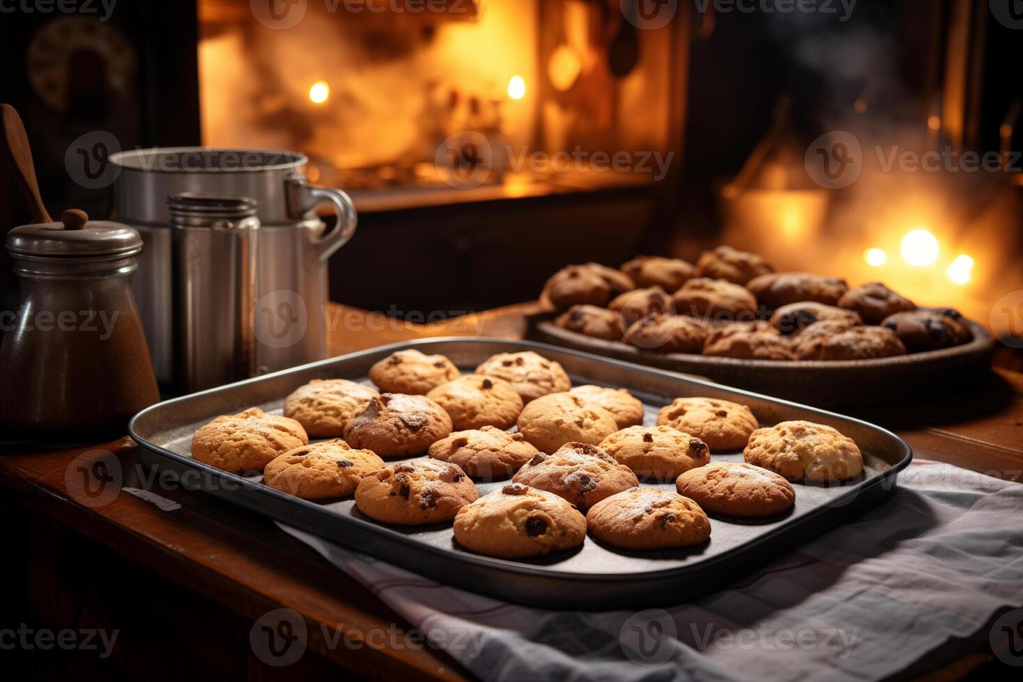 AI generated homemade fresh baked goods on a baking sheet against the backdrop of a cozy kitchen photo