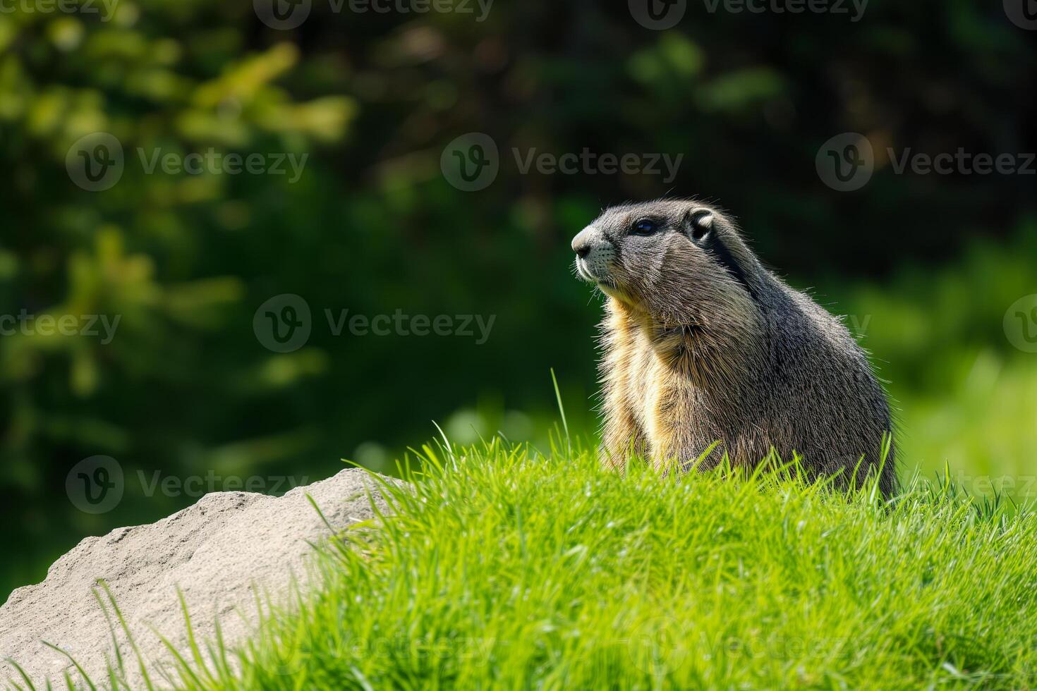 AI generated cute groundhog crawled out of his hole and basks in the sun, groundhog day photo