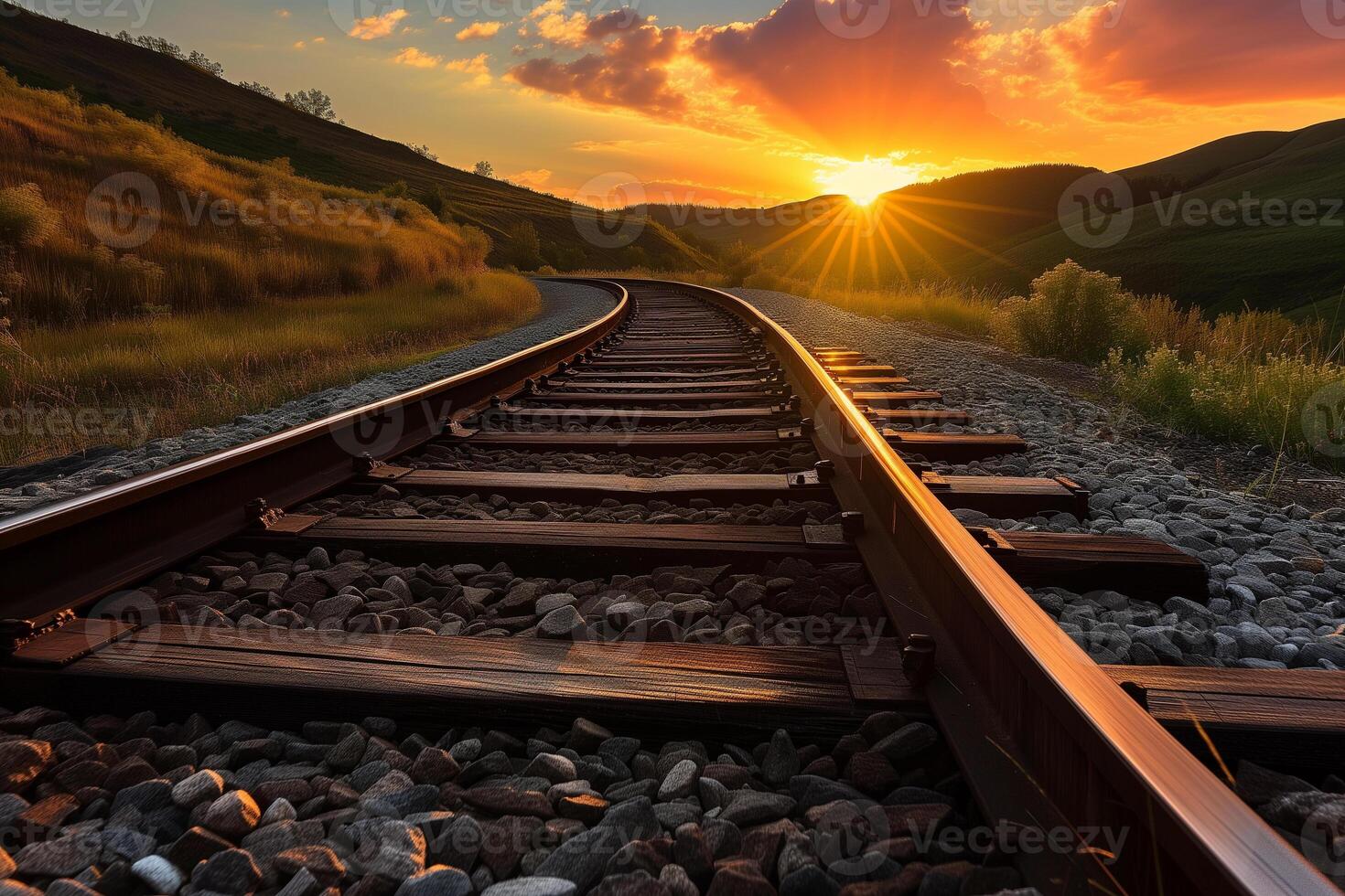 ai generado ferrocarril rieles Vamos dentro el distancia alrededor el curva en contra el fondo de un hermosa puesta de sol foto