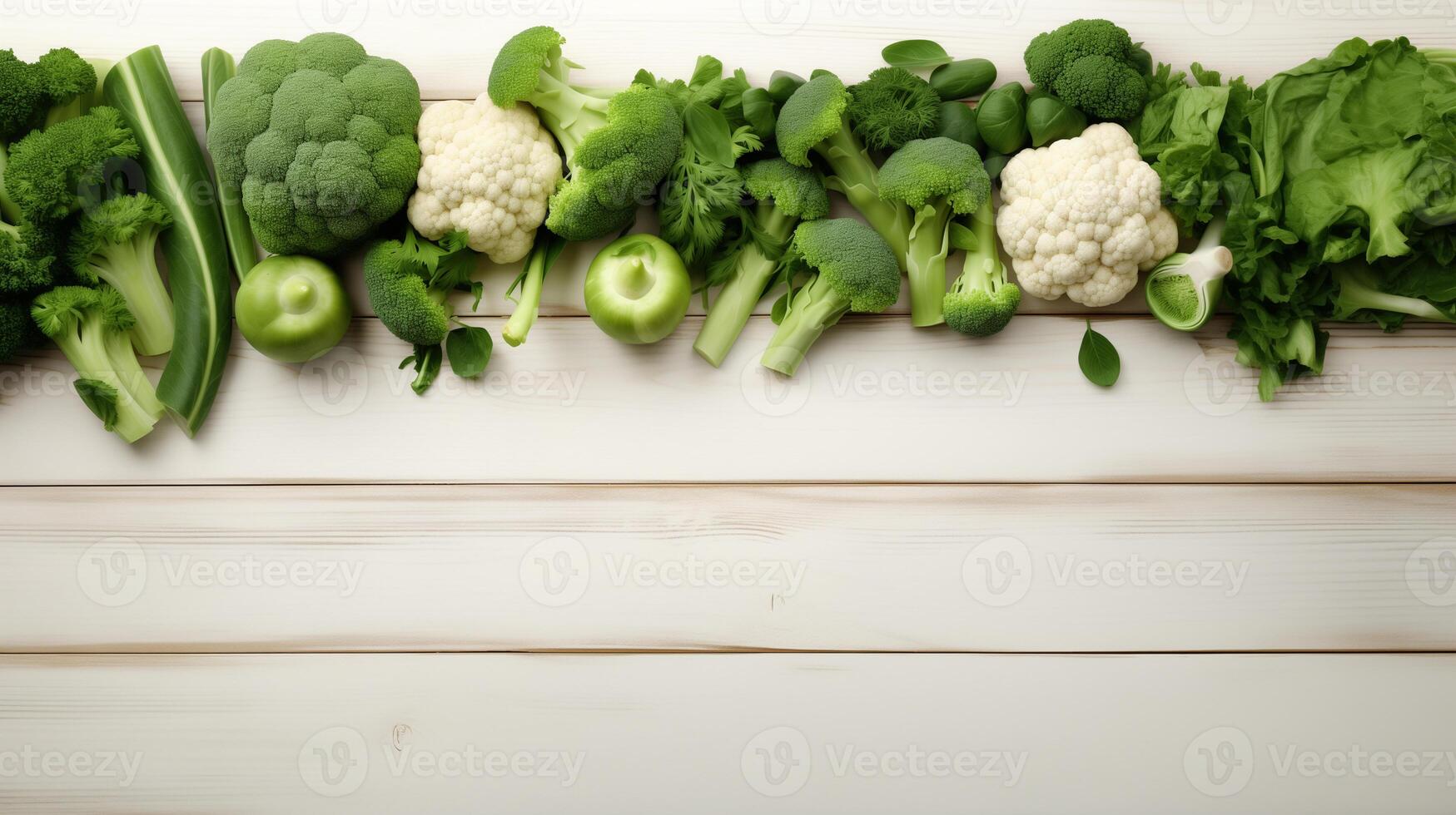 AI generated Vegetables cauliflower, broccoli, Brussels sprouts, peas on a white wooden background, top view, copy space photo