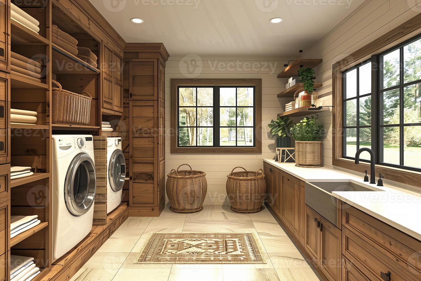 AI generated Interior of a cozy wooden laundry room in a modern house photo