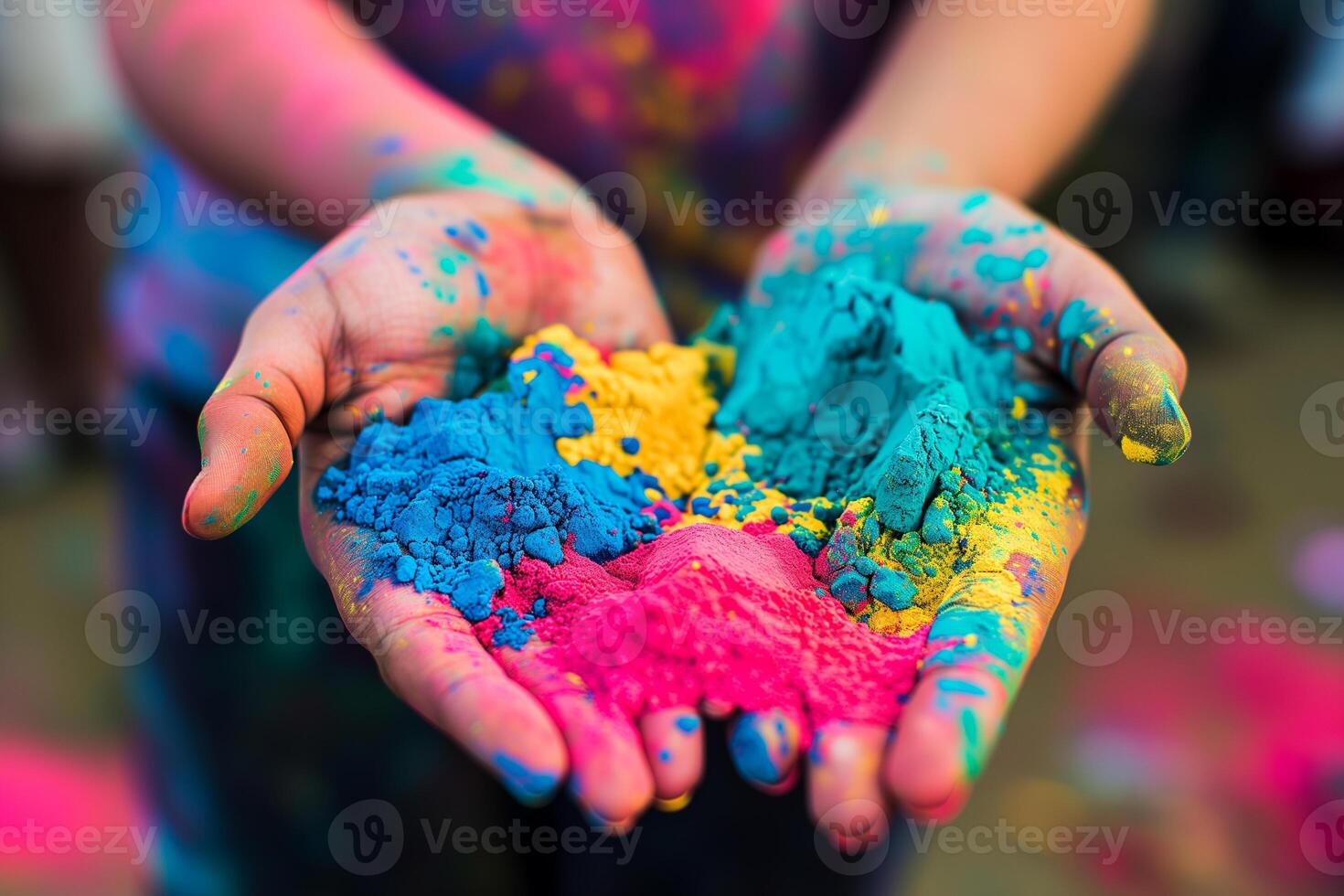 AI generated hands, palms of people covered with colorful paints at the Holy Festival of India photo