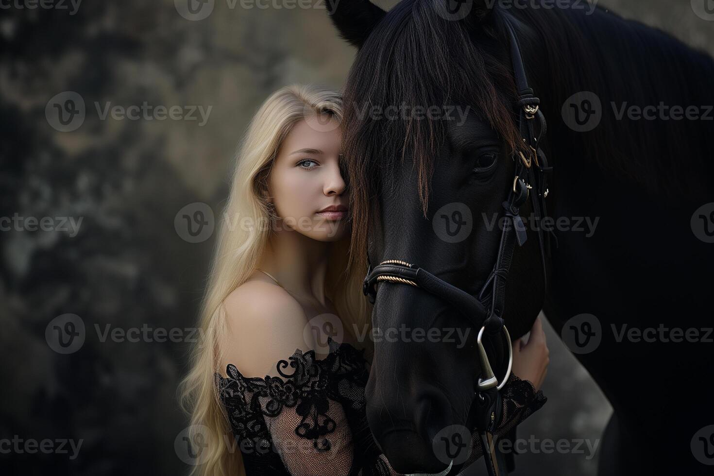 AI generated beautiful blonde hugs her horse by the muzzle photo