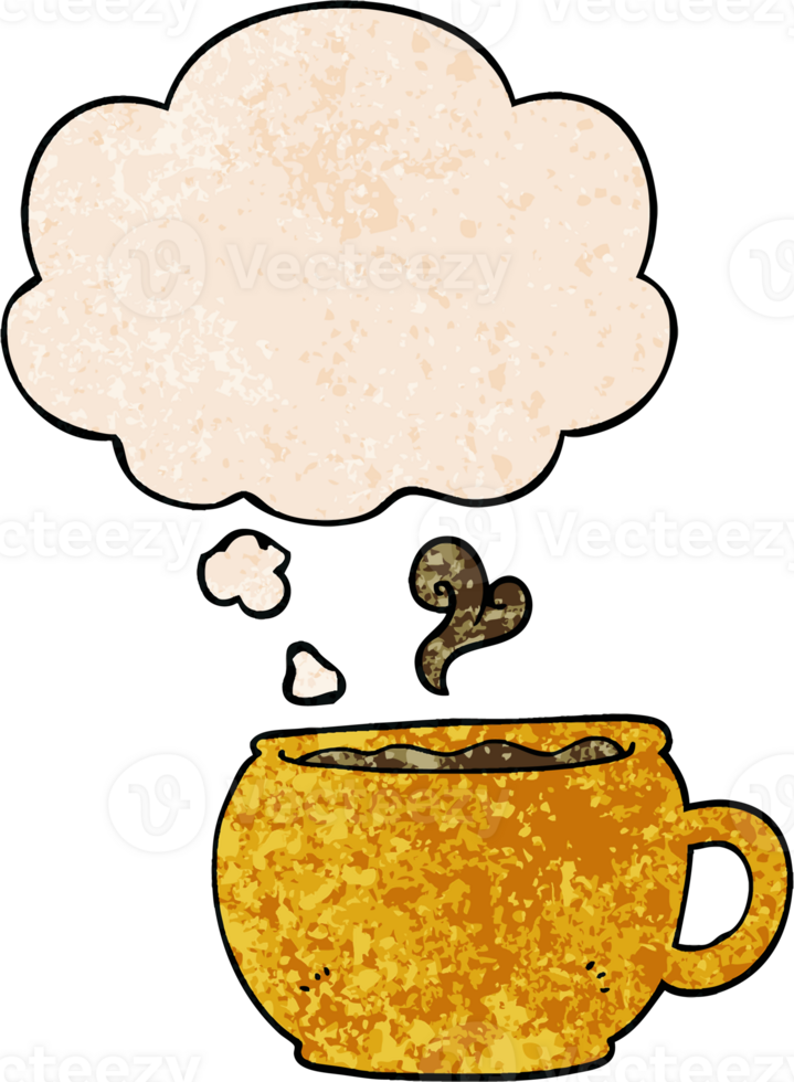 cartoon coffee cup with thought bubble in grunge texture style png