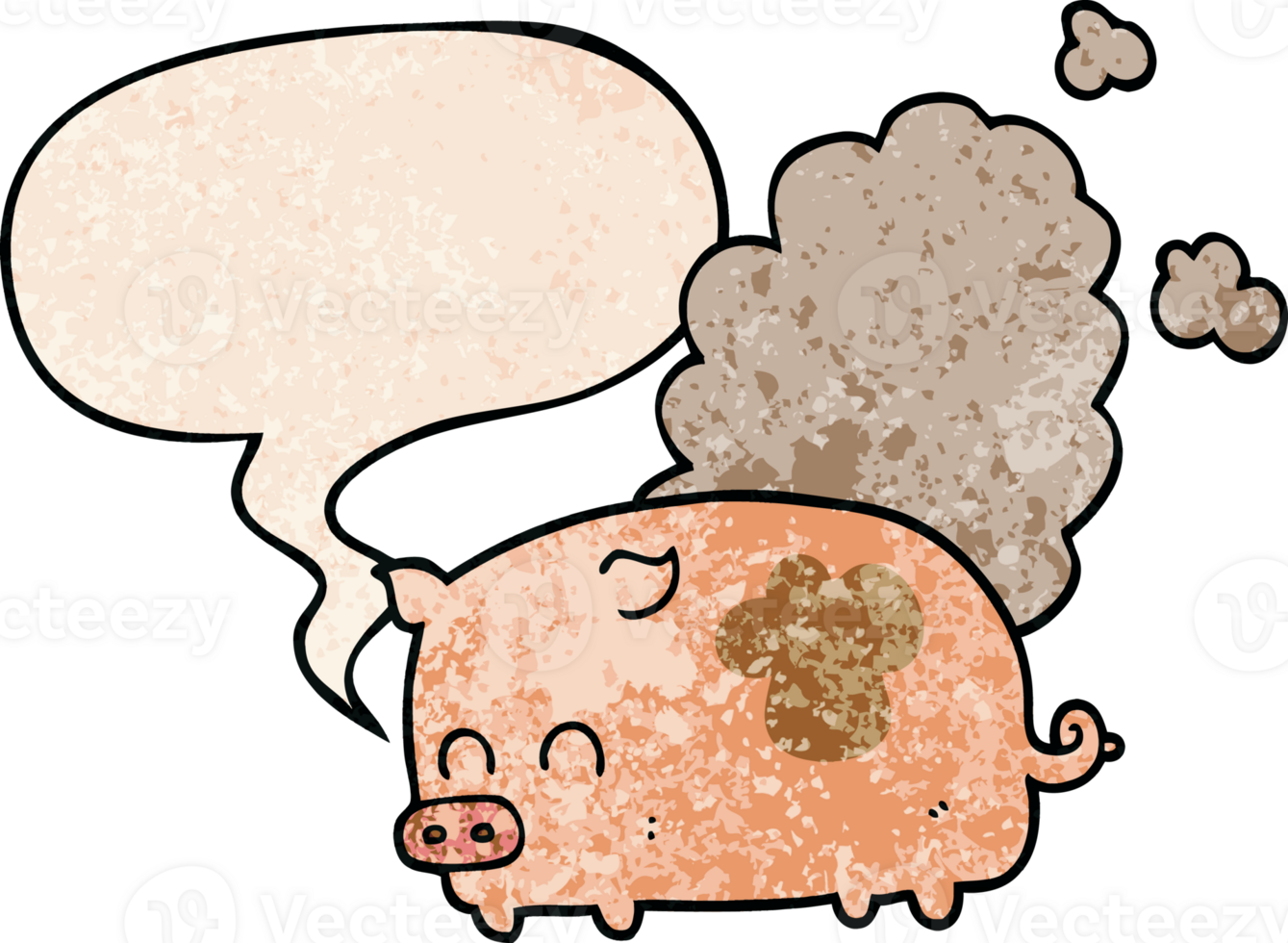 cartoon smelly pig with speech bubble in retro texture style png