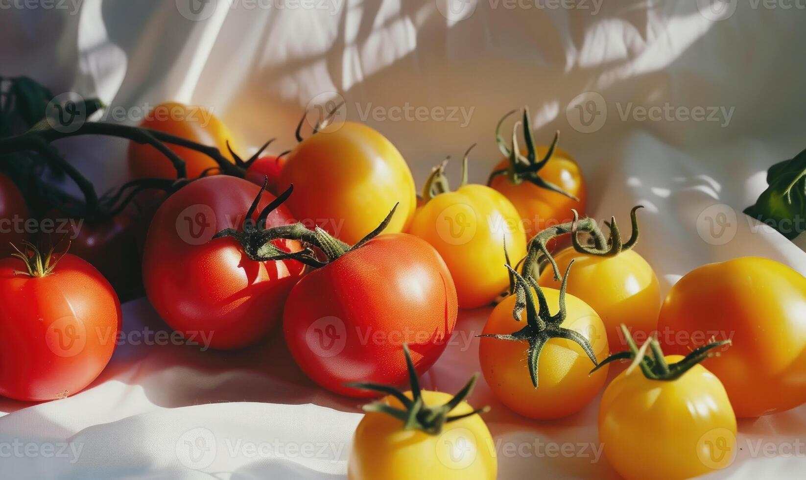 AI generated tomatoes on a white background. red and yellow tomatoes on a white background photo