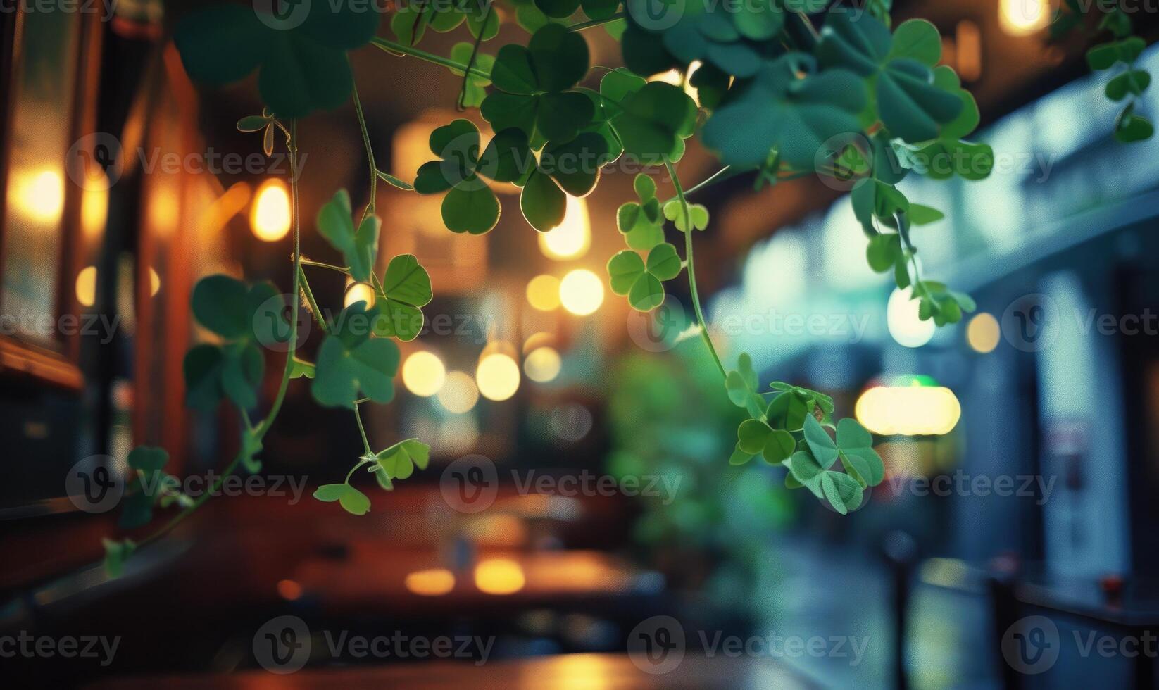 AI generated St. Patrick's Day. Golden clover on the background of night street photo