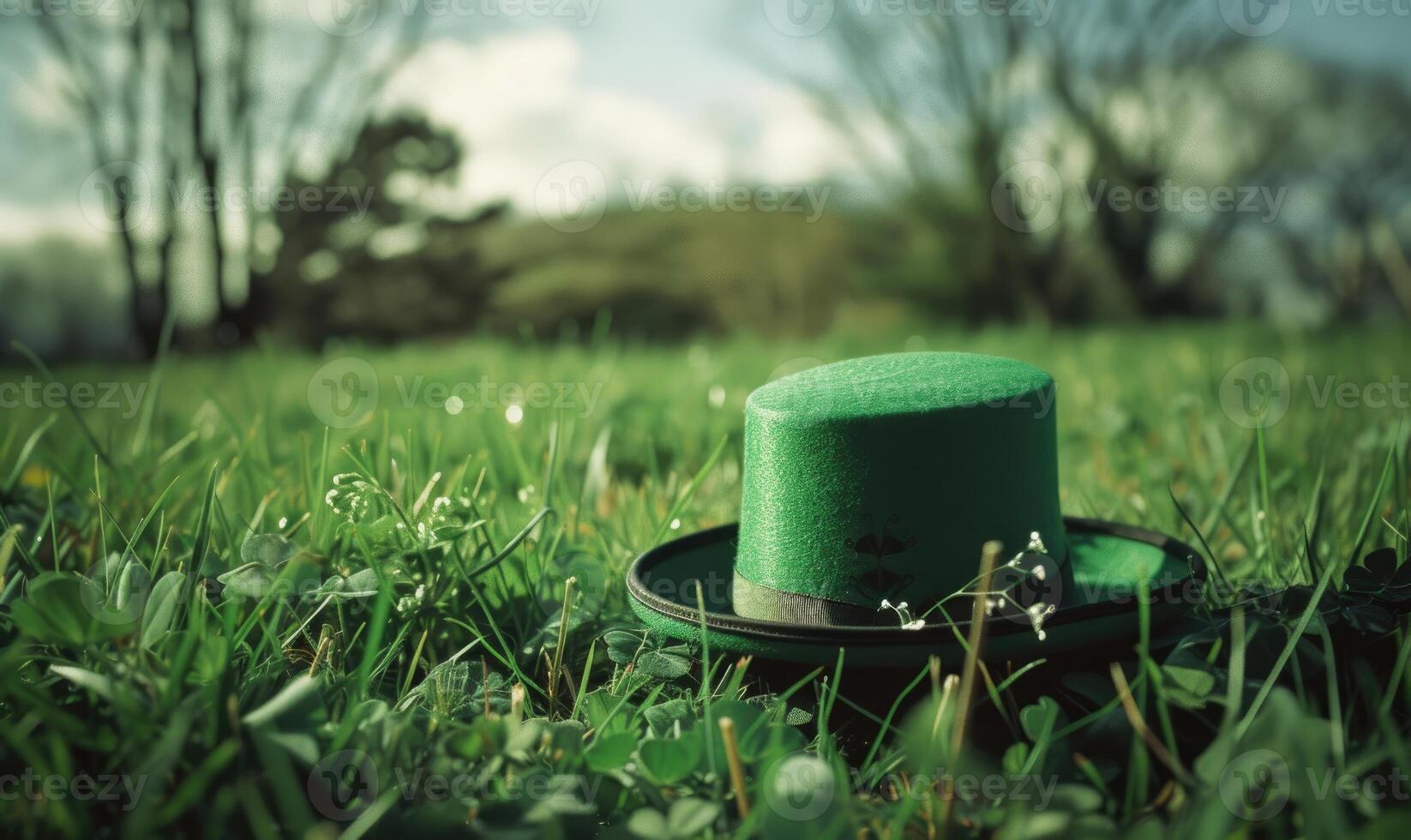 AI generated St. Patrick's Day background with green hat and clover on green grass photo