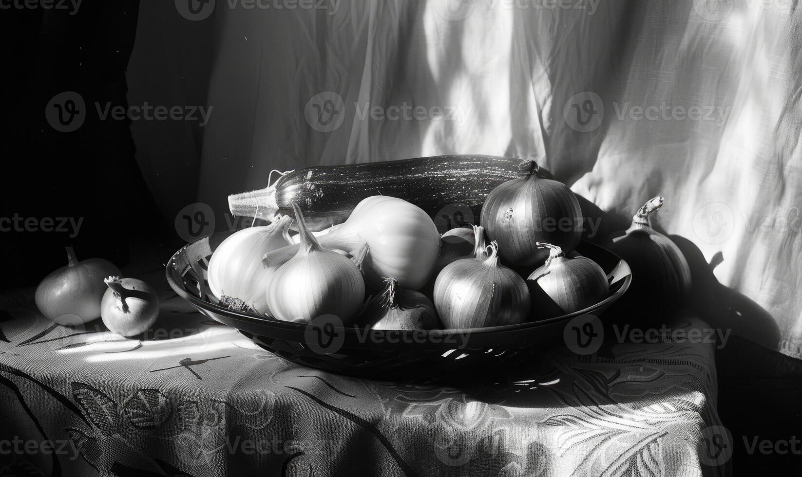 AI generated still life vegetables on a black background, black and white photo. photo