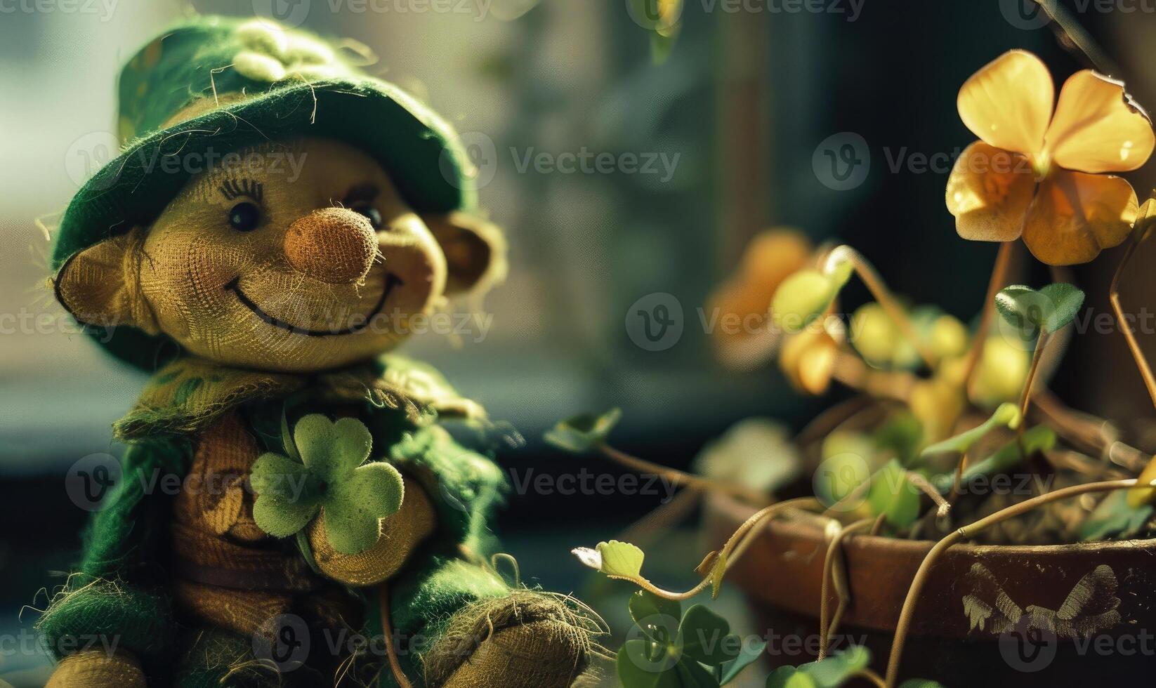 AI generated St. Patrick's day background with green leprechaun doll photo