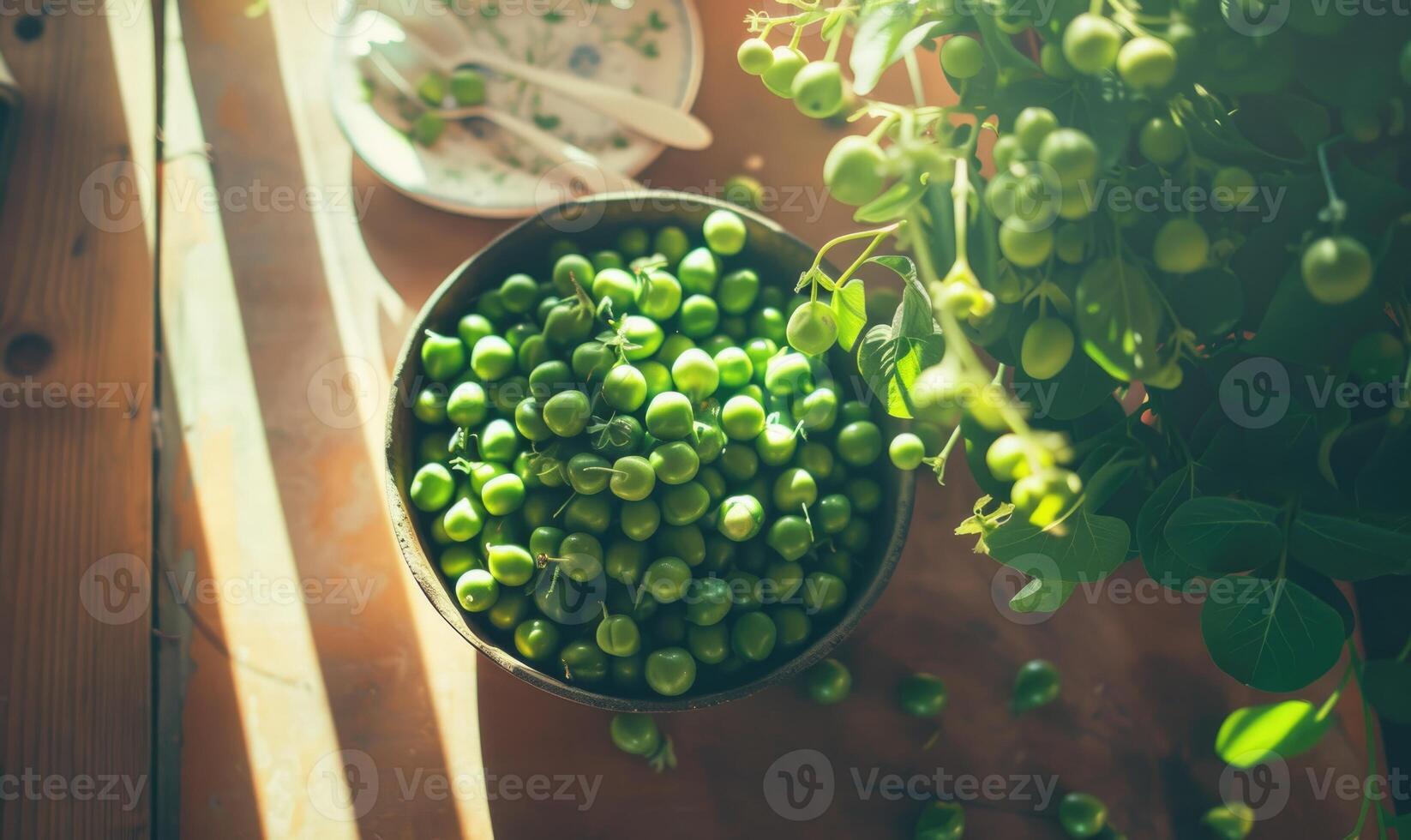 AI generated Fresh green peas in a bowl on a wooden table. Selective focus. photo