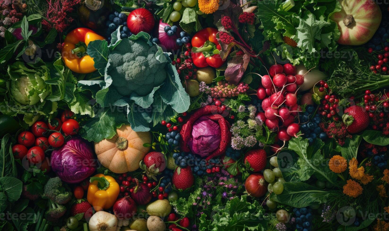 AI generated Tomatoes background. Top view of different varieties of tomatoes. Vegetables background. photo