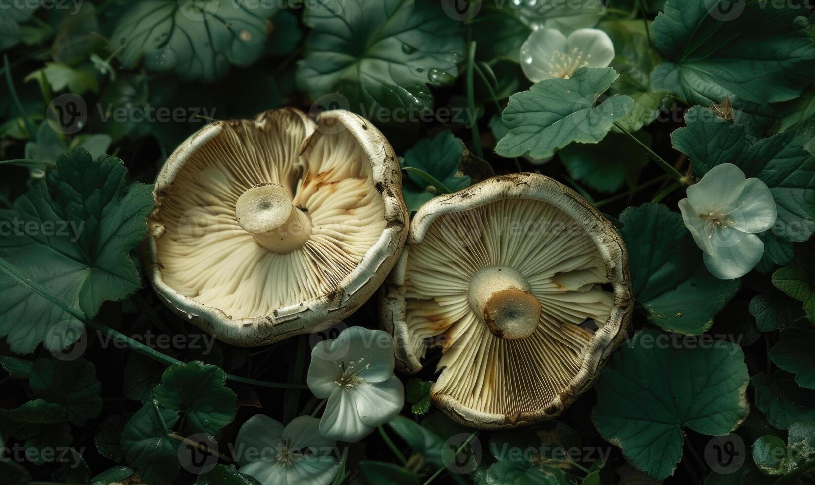 AI generated mushrooms in the forest, close-up, top view photo