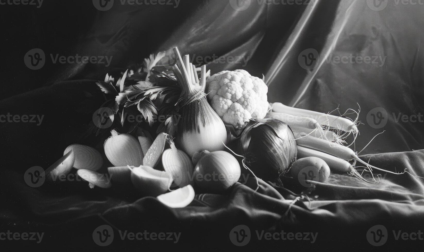 AI generated Still life with vegetables on a black background. Black and white photo. photo