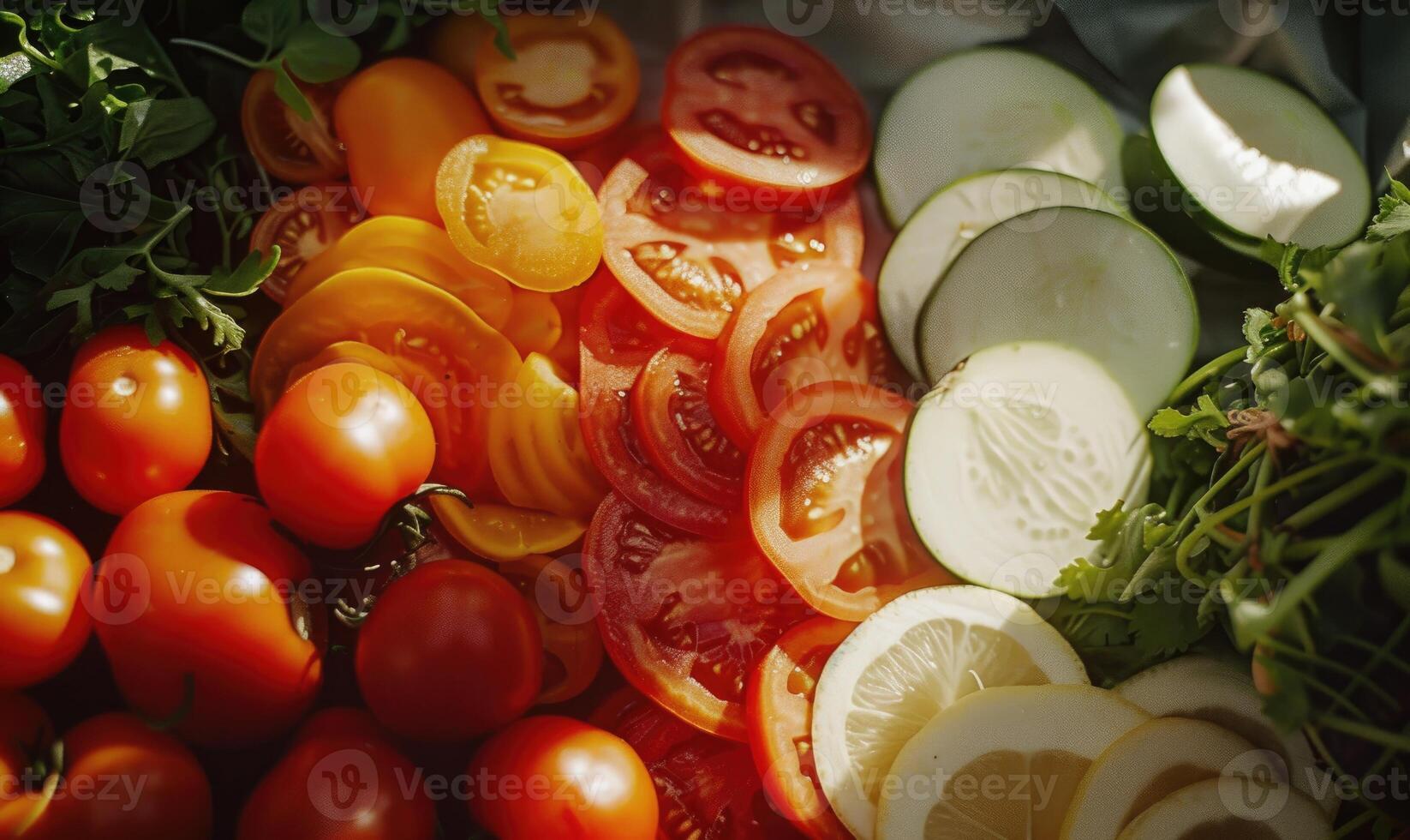 AI generated Sliced tomatoes, cucumbers and onions in a plate. photo