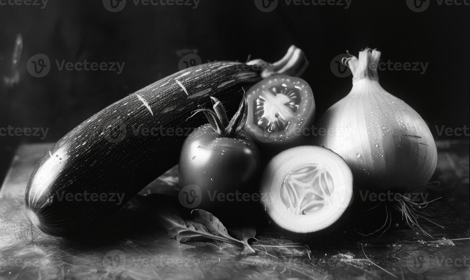 AI generated Black and white photo of a zucchini, onions and tomatoes