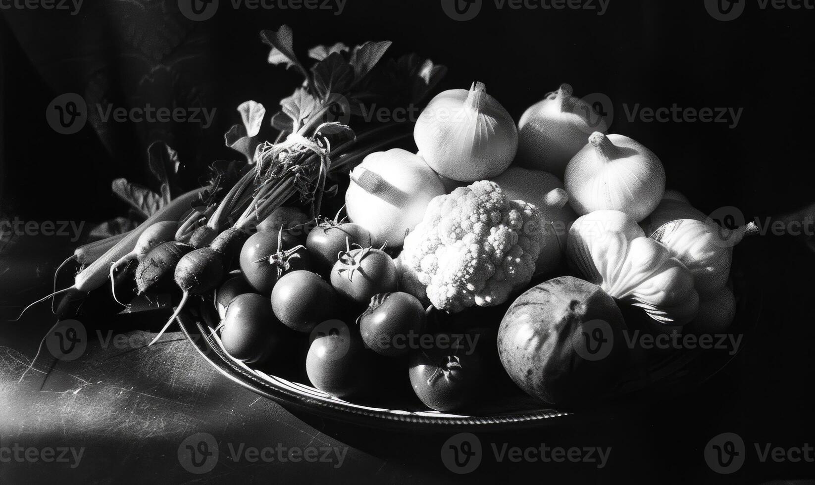 ai generado todavía vida con vegetales en un negro antecedentes. negro y blanco foto. foto