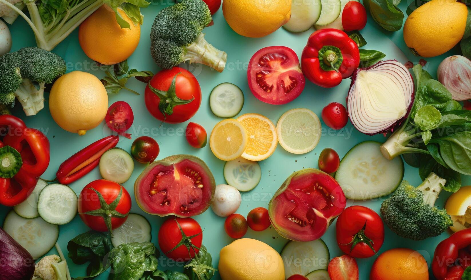 AI generated Top view of fresh vegetables on blue background. Concept of healthy eating. photo