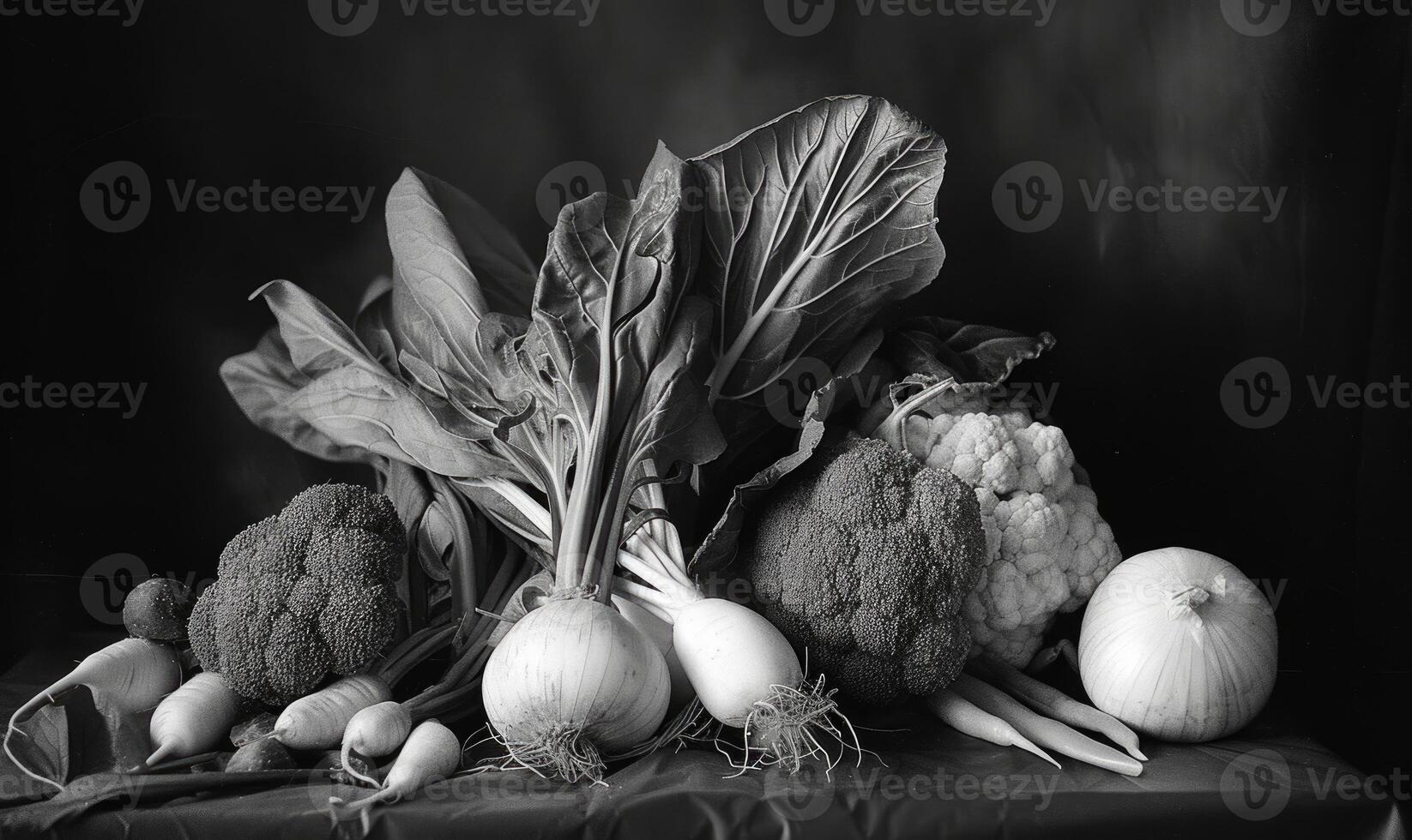 AI generated still life vegetables on a black background, black and white photo. photo