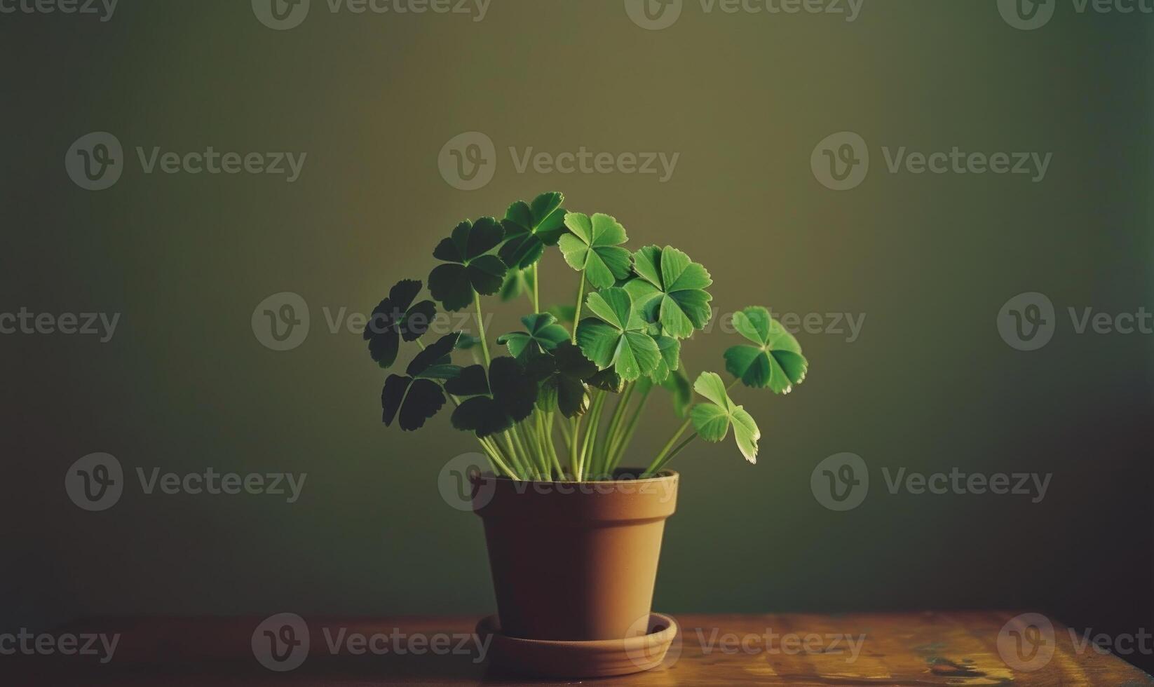 AI generated four leaf clover plant in a pot on wooden table and green background photo