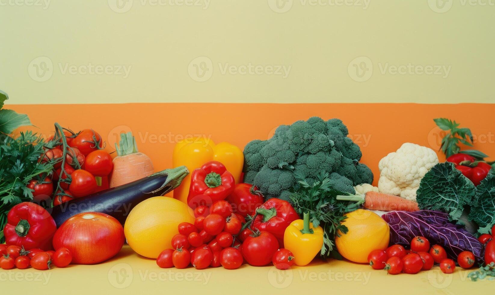 AI generated Composition with variety of raw organic vegetables on yellow and orange background photo