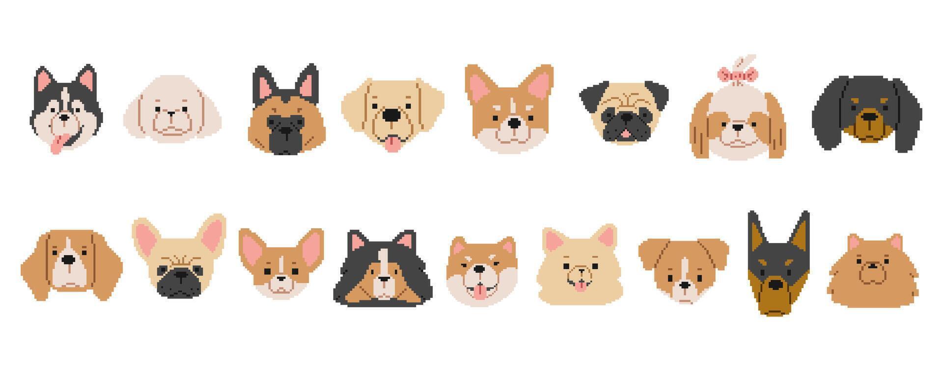 Dog Heads Pixel Collection 1cute on a white background, vector illustration.