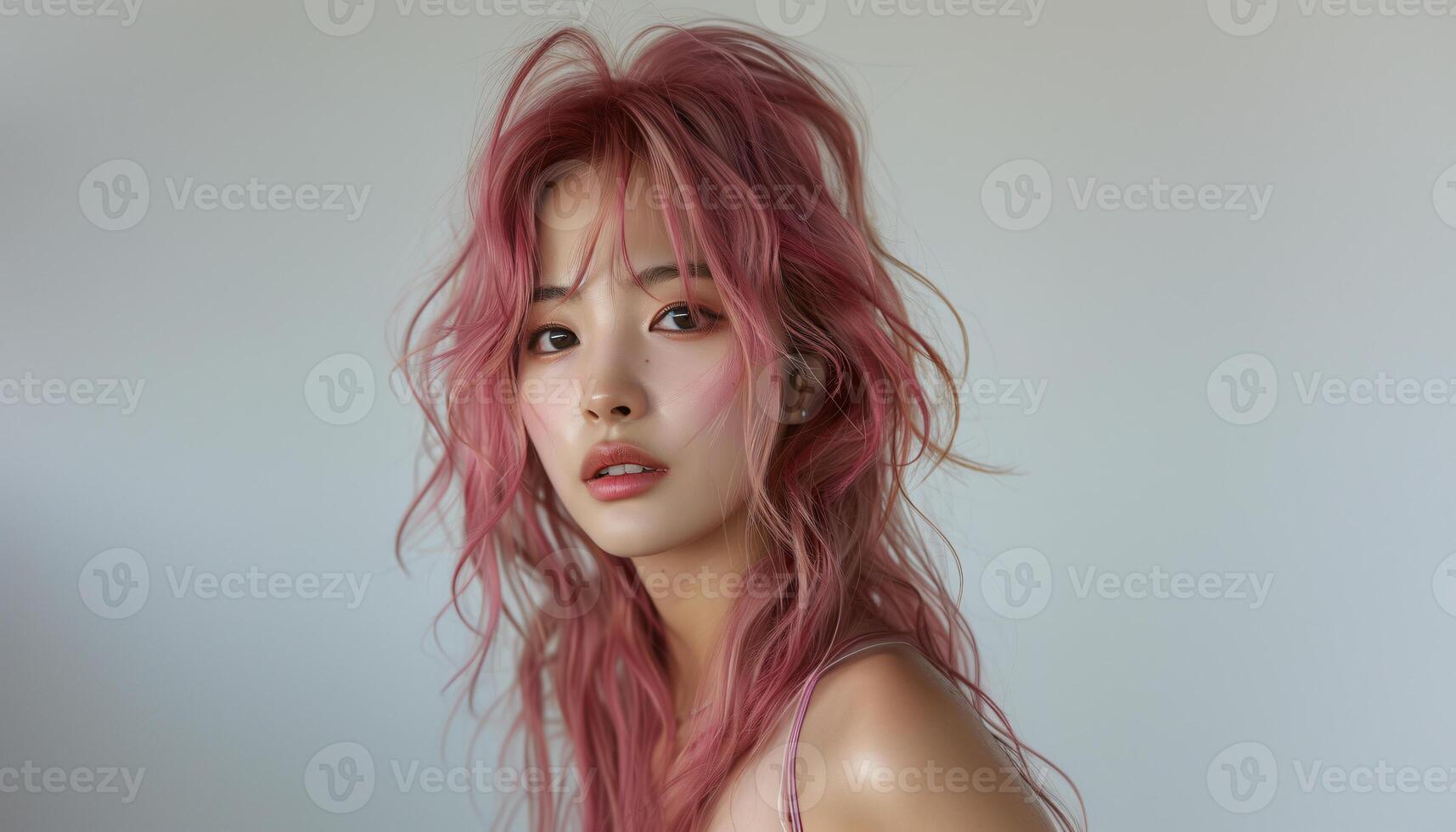 AI generated Serene Asian Woman with Pink Wavy Hair and Thoughtful Expression photo