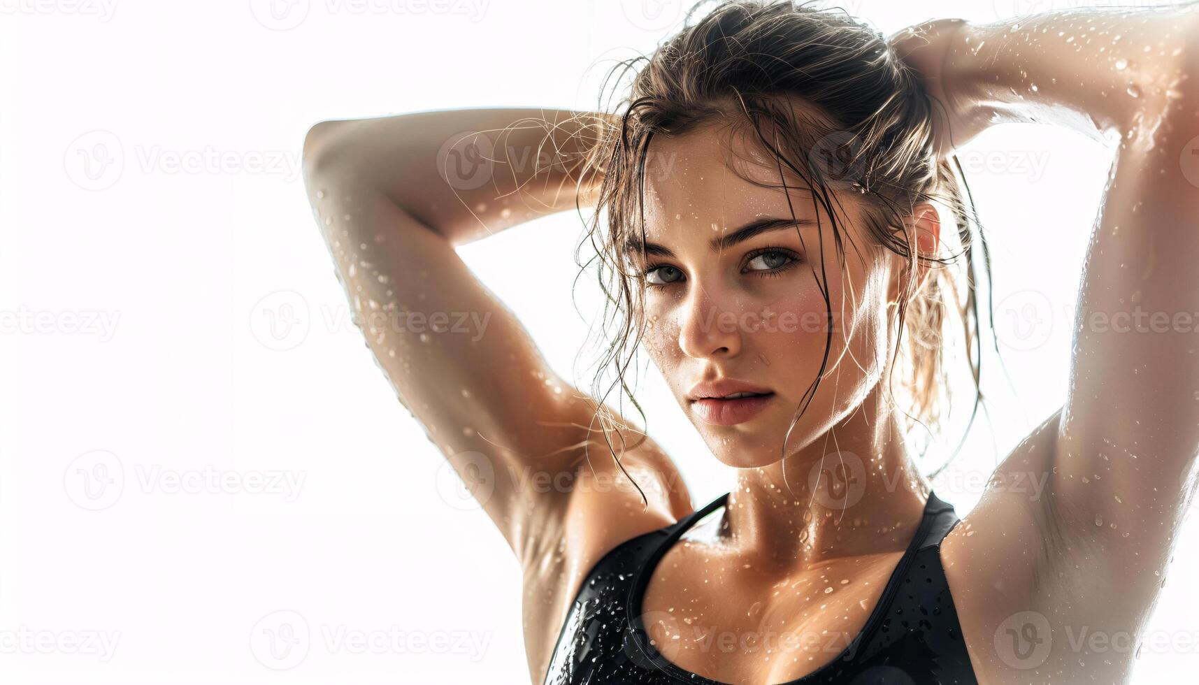 ai generado refrescado joven mujer post-entrenamiento, brillante piel foto