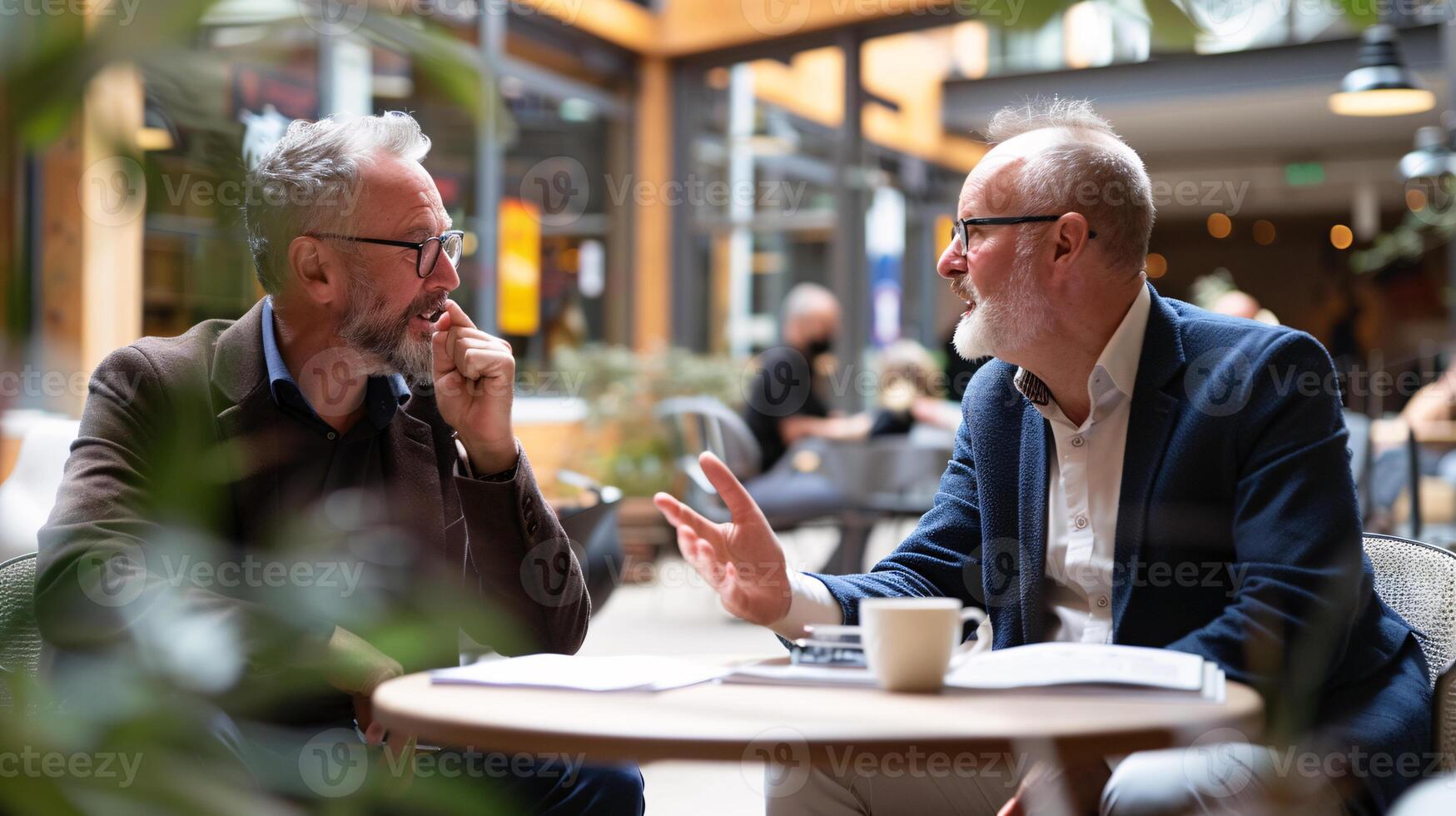 AI generated Businessmen Discussing Over Coffee in a Lively Cafe photo