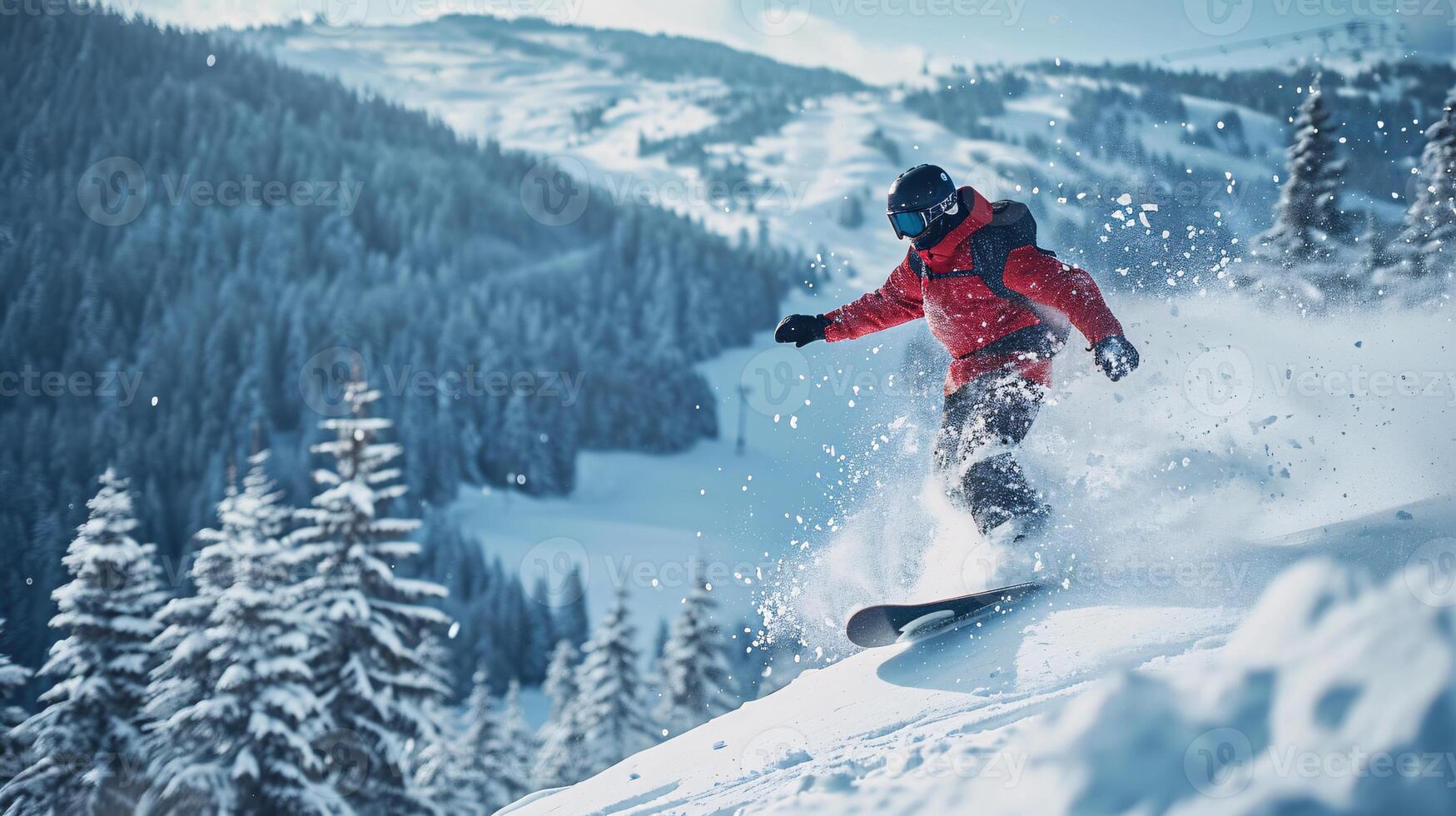 AI generated Snowboarder Descending a Powdered Slope in a Winter Wonderland photo