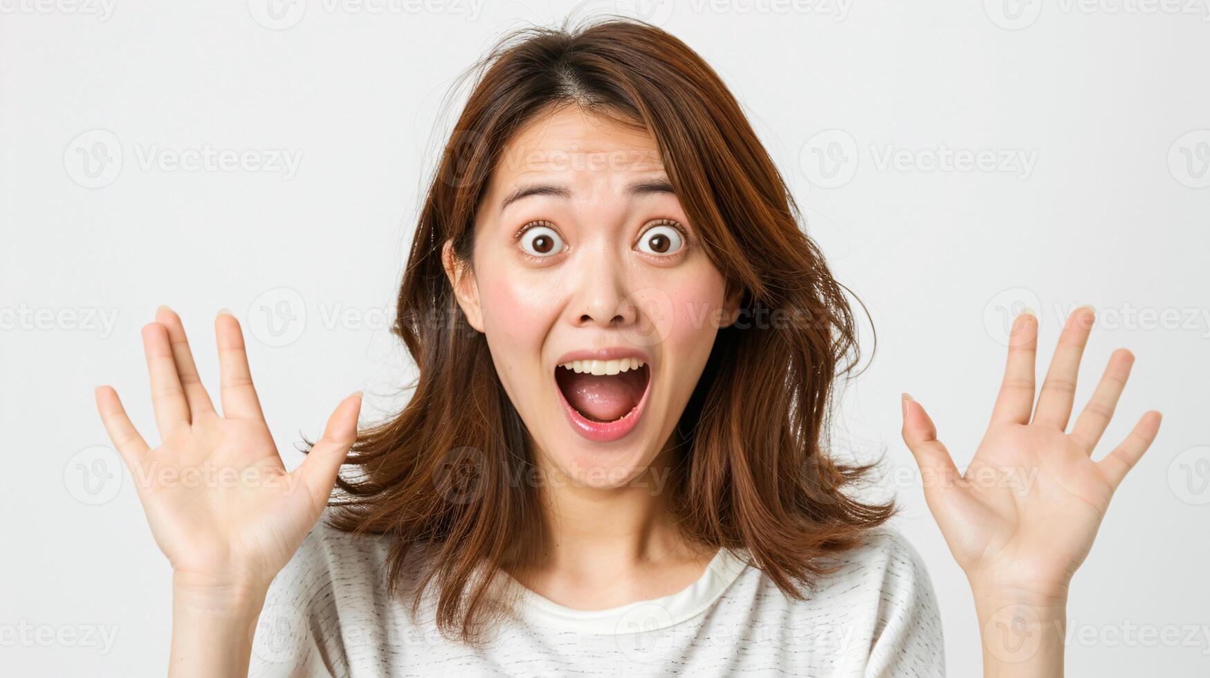 AI generated Surprised Young Woman with Hands Up Expression photo