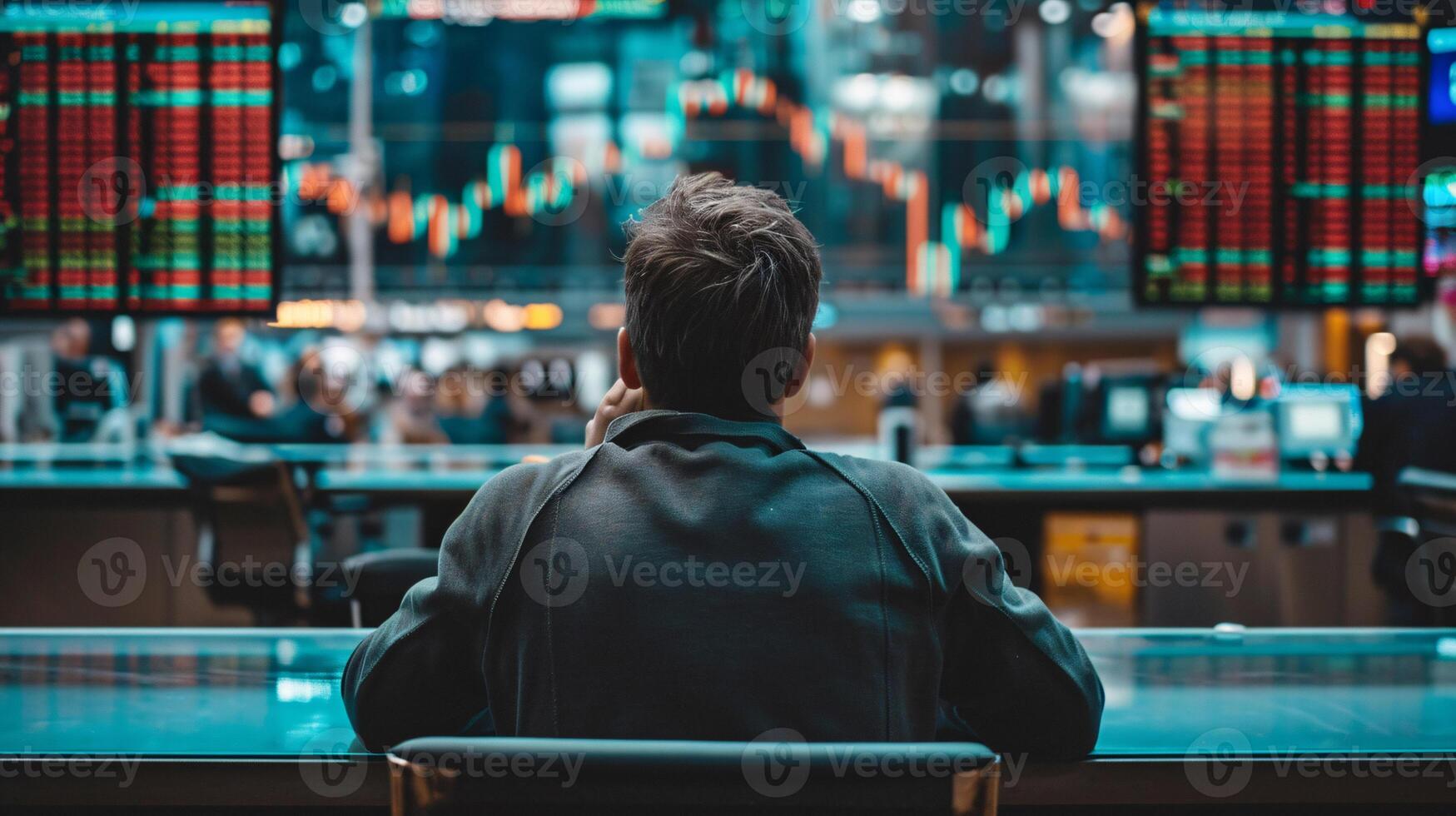 AI generated Businessman Watching Stock Market Monitors in Exchange Room photo