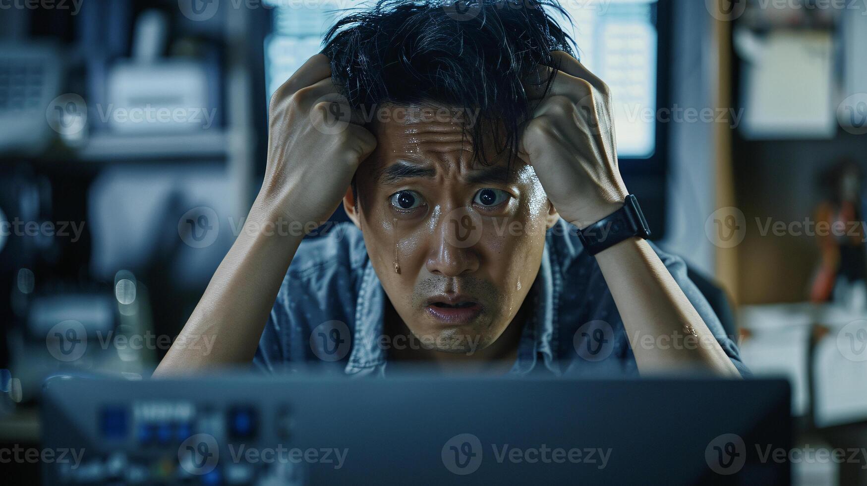 AI generated Tired Man Overwhelmed by Work at Computer Desk at Night photo