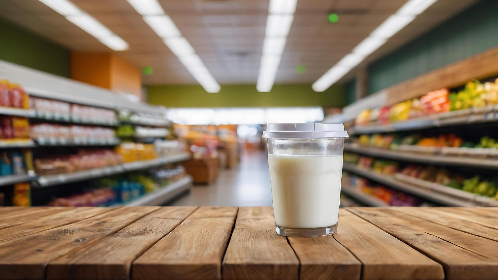 Empty wooden table with beautiful supermarket background, photorealistic photo