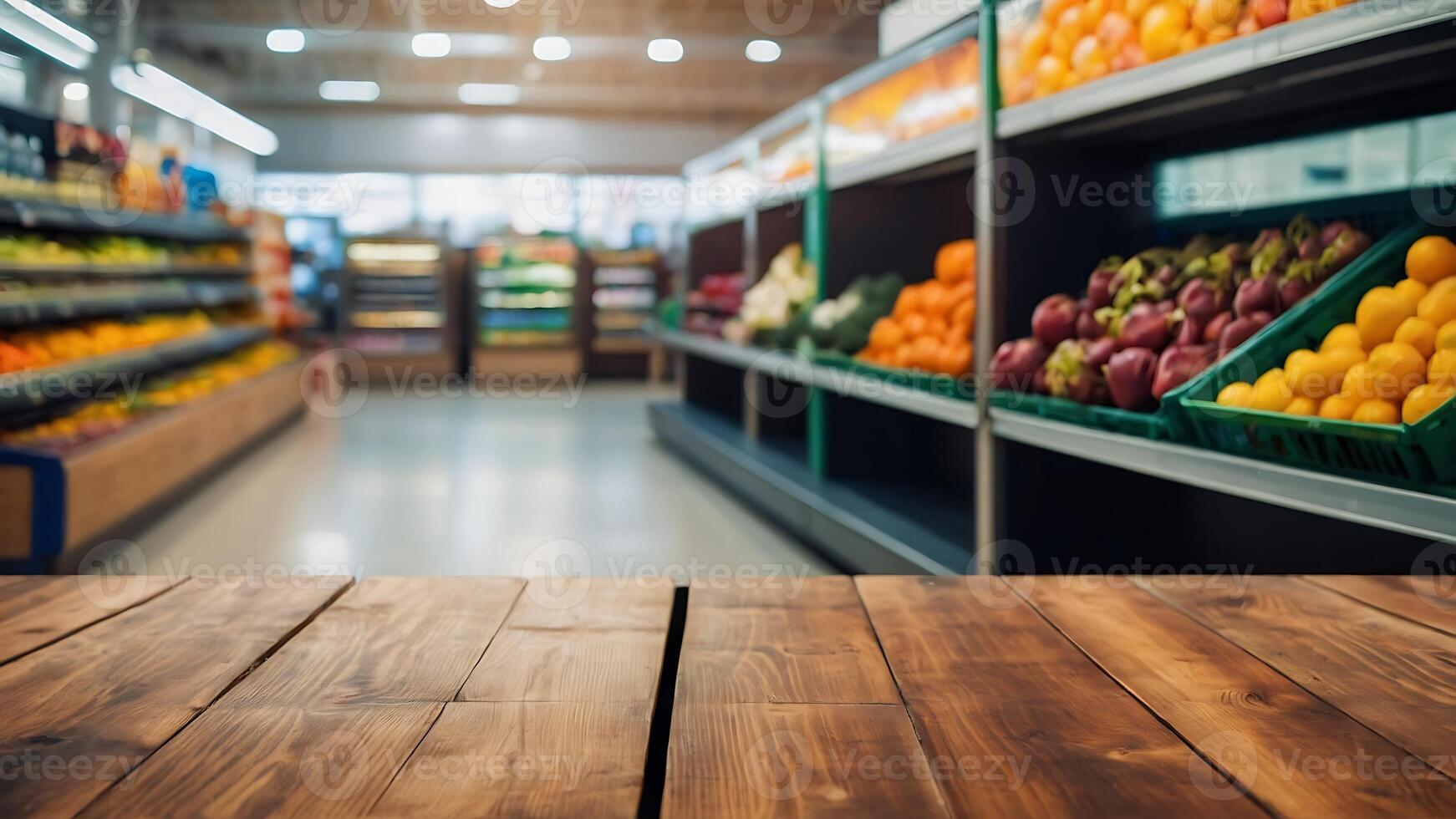 Empty wooden table with beautiful supermarket background, photorealistic photo