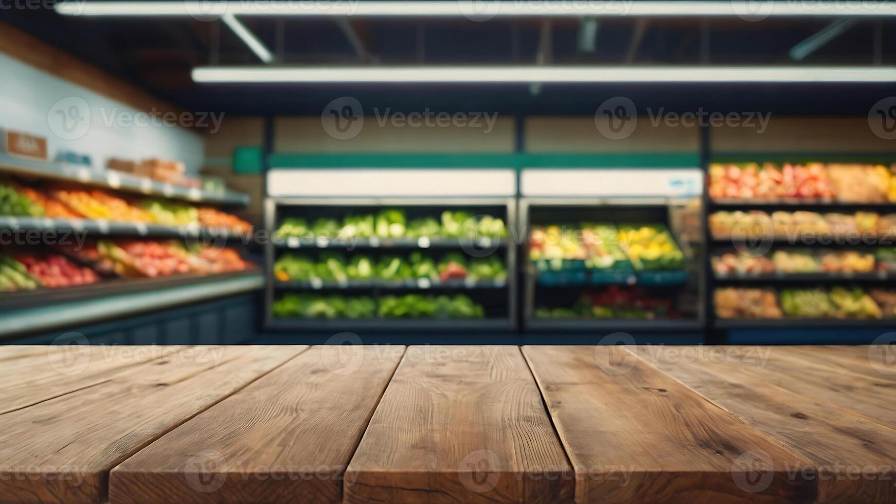 Empty wooden table with beautiful supermarket background, photorealistic photo